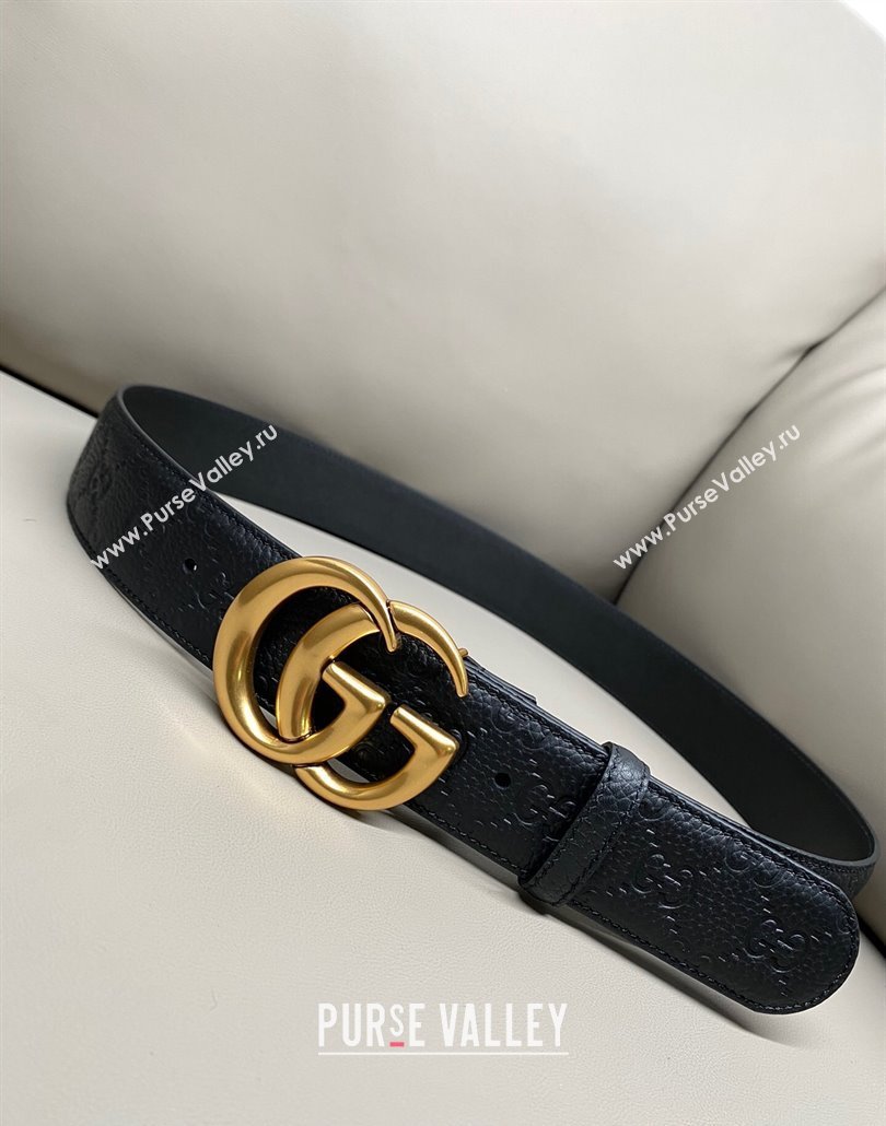 Gucci GG Embossed Grained Leather Belt 4cm with GG Buckle Black/Aged Gold 2025 GG010902 (99-250109153)