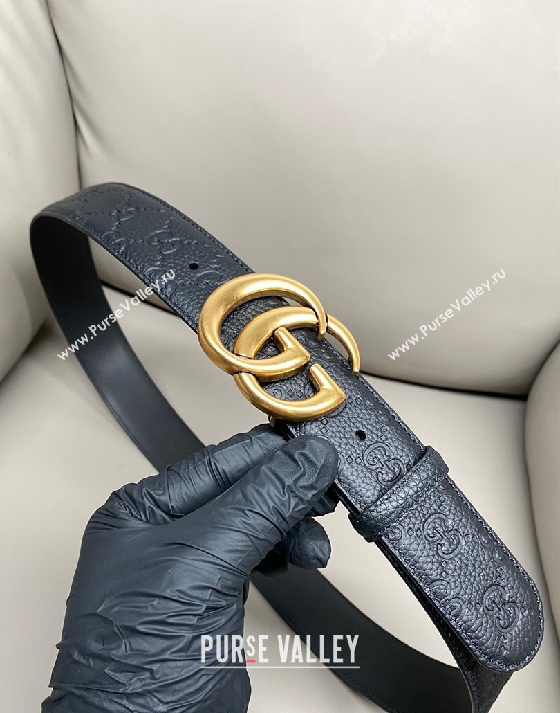 Gucci GG Embossed Grained Leather Belt 4cm with GG Buckle Black/Aged Gold 2025 GG010902 (99-250109153)