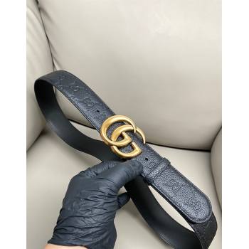 Gucci GG Embossed Grained Leather Belt 4cm with GG Buckle Black/Aged Gold 2025 GG010902 (99-250109153)