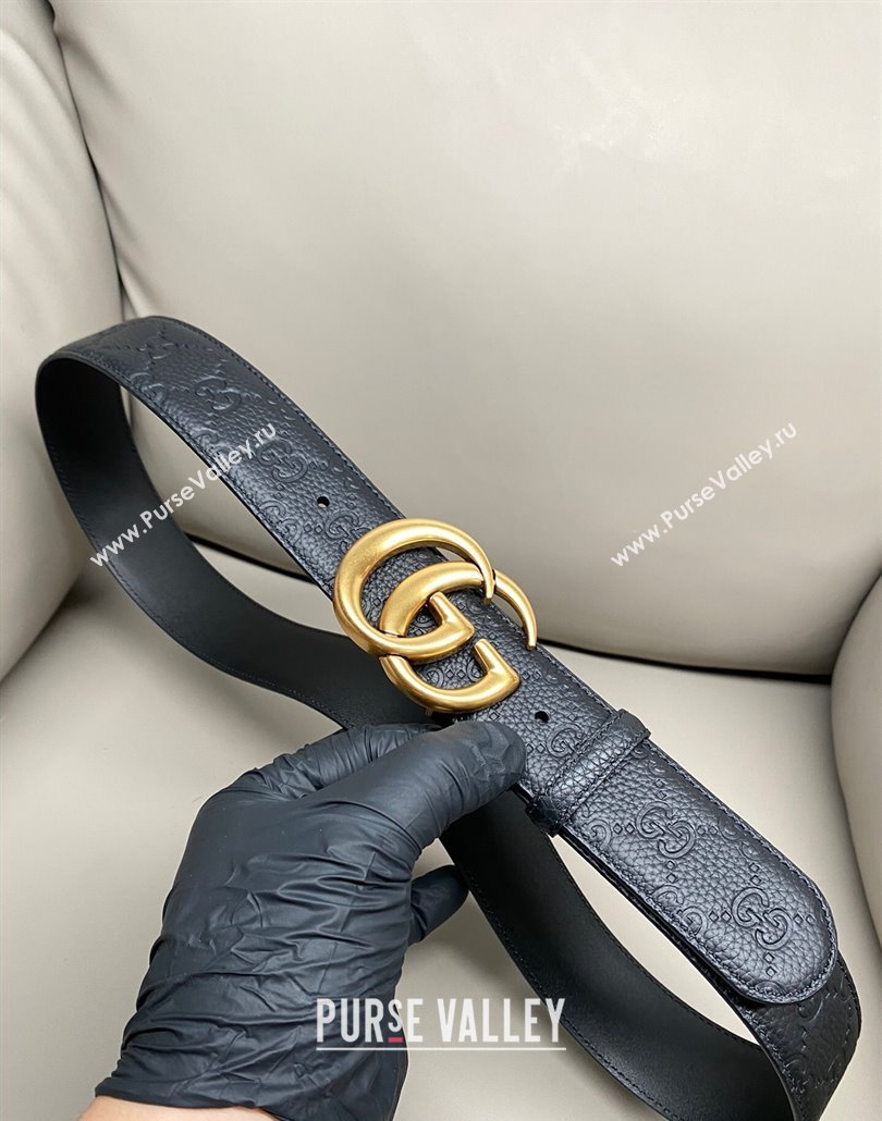 Gucci GG Embossed Grained Leather Belt 4cm with GG Buckle Black/Aged Gold 2025 GG010902 (99-250109153)