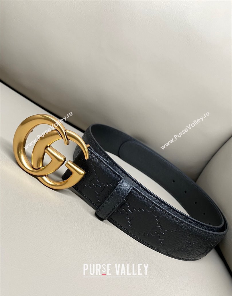 Gucci GG Embossed Grained Leather Belt 4cm with GG Buckle Black/Aged Gold 2025 GG010902 (99-250109153)