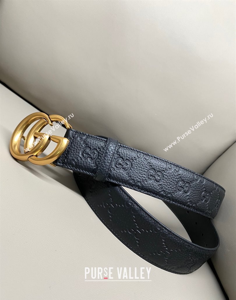 Gucci GG Embossed Grained Leather Belt 4cm with GG Buckle Black/Aged Gold 2025 GG010902 (99-250109153)