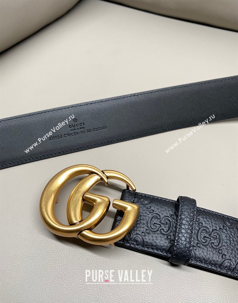 Gucci GG Embossed Grained Leather Belt 4cm with GG Buckle Black/Aged Gold 2025 GG010902 (99-250109153)