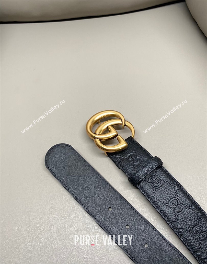 Gucci GG Embossed Grained Leather Belt 4cm with GG Buckle Black/Aged Gold 2025 GG010902 (99-250109153)