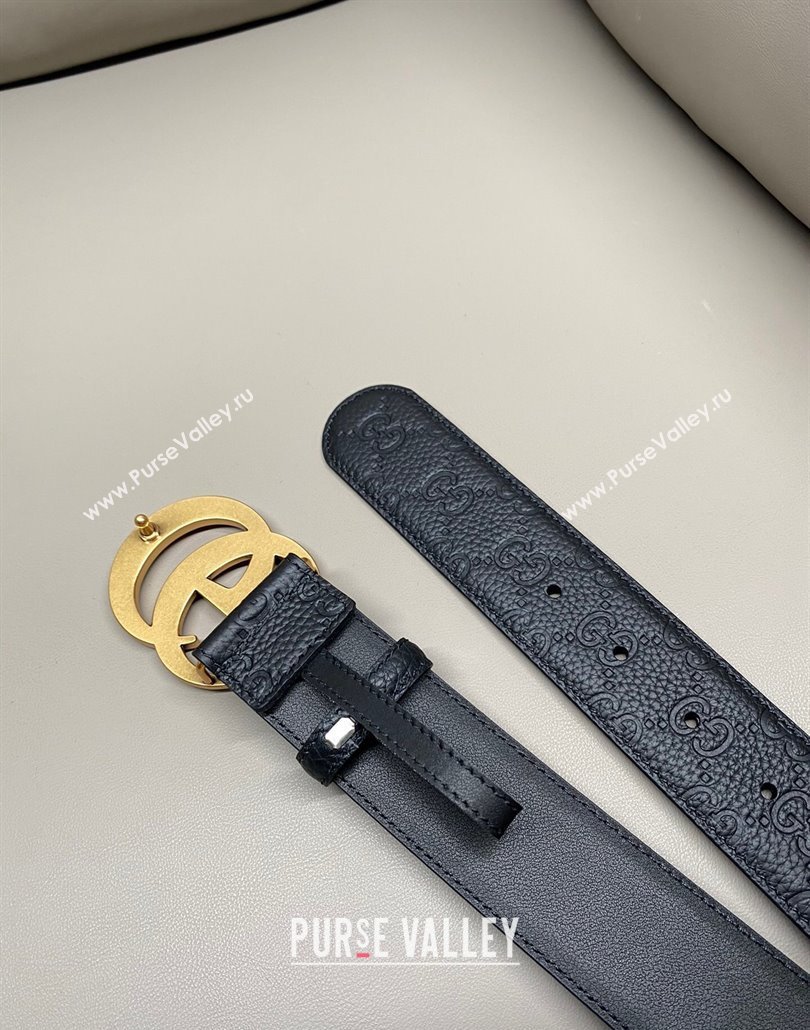 Gucci GG Embossed Grained Leather Belt 4cm with GG Buckle Black/Aged Gold 2025 GG010902 (99-250109153)