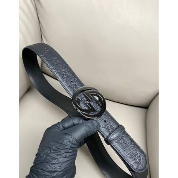 Gucci GG Embossed Grained Leather Belt 4cm with Interlocking G Buckle Black/Gunmetal 2025 GG010902 (99-250109154)