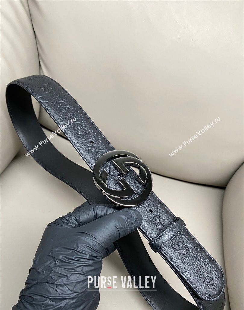 Gucci GG Embossed Grained Leather Belt 4cm with Interlocking G Buckle Black/Gunmetal 2025 GG010902 (99-250109154)