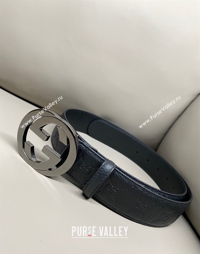 Gucci GG Embossed Grained Leather Belt 4cm with Interlocking G Buckle Black/Gunmetal 2025 GG010902 (99-250109154)