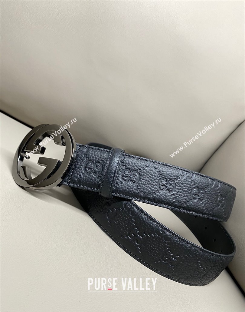 Gucci GG Embossed Grained Leather Belt 4cm with Interlocking G Buckle Black/Gunmetal 2025 GG010902 (99-250109154)