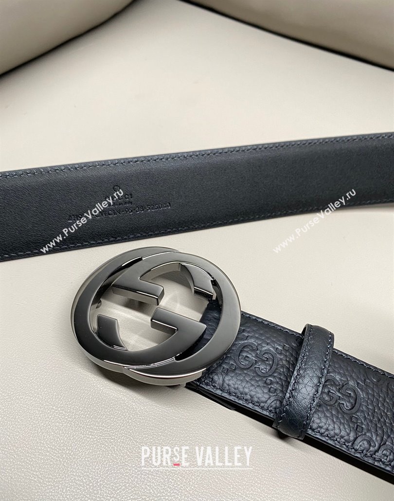 Gucci GG Embossed Grained Leather Belt 4cm with Interlocking G Buckle Black/Gunmetal 2025 GG010902 (99-250109154)