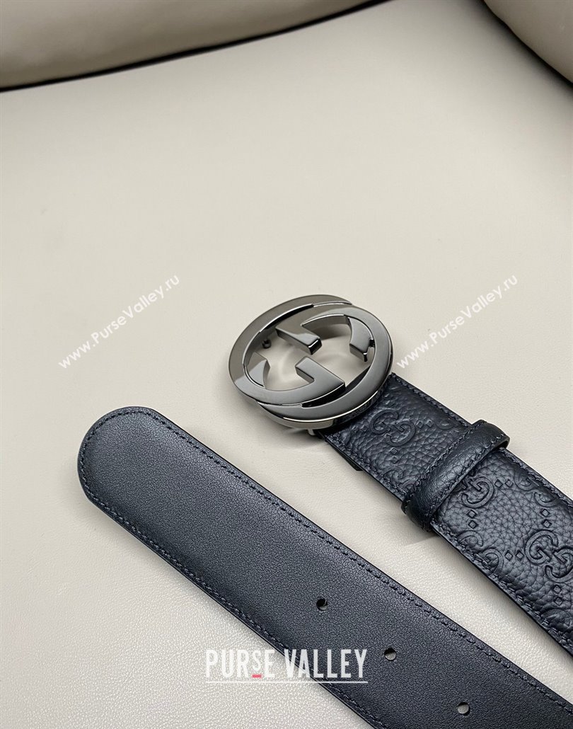 Gucci GG Embossed Grained Leather Belt 4cm with Interlocking G Buckle Black/Gunmetal 2025 GG010902 (99-250109154)