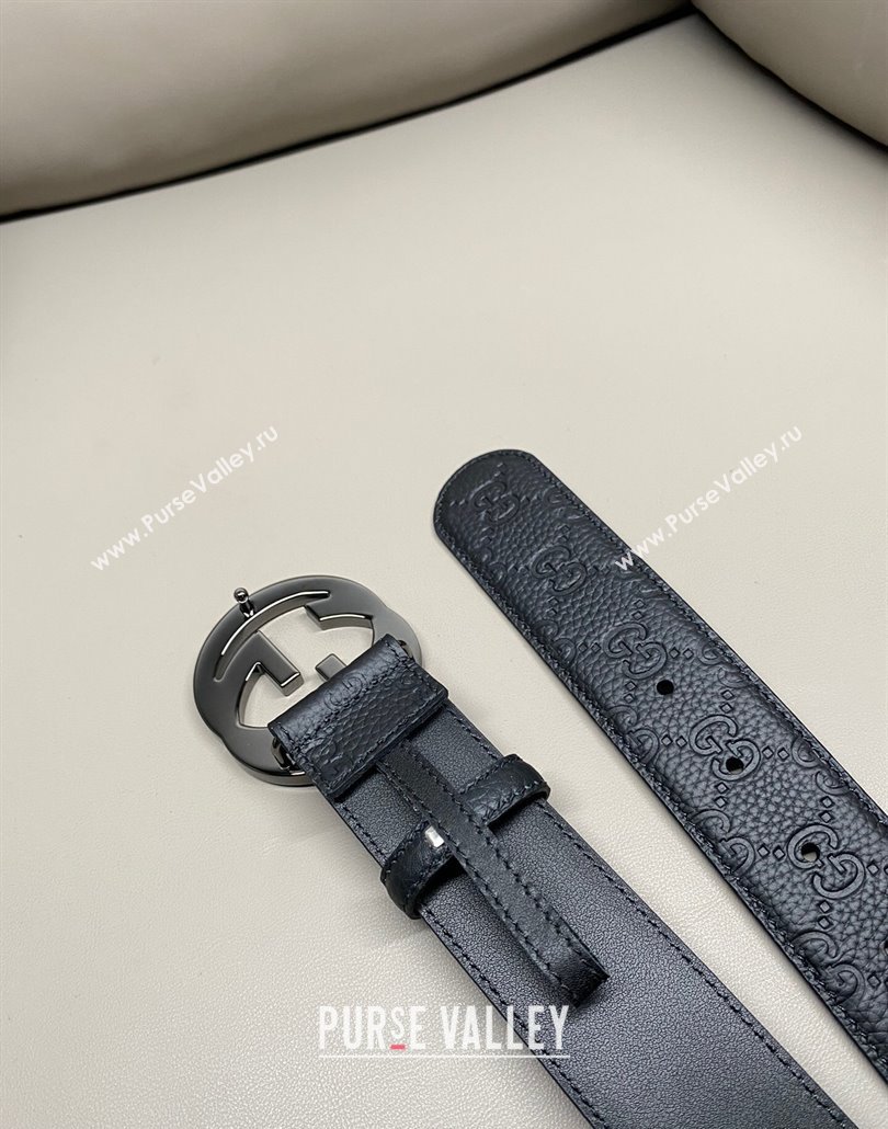 Gucci GG Embossed Grained Leather Belt 4cm with Interlocking G Buckle Black/Gunmetal 2025 GG010902 (99-250109154)