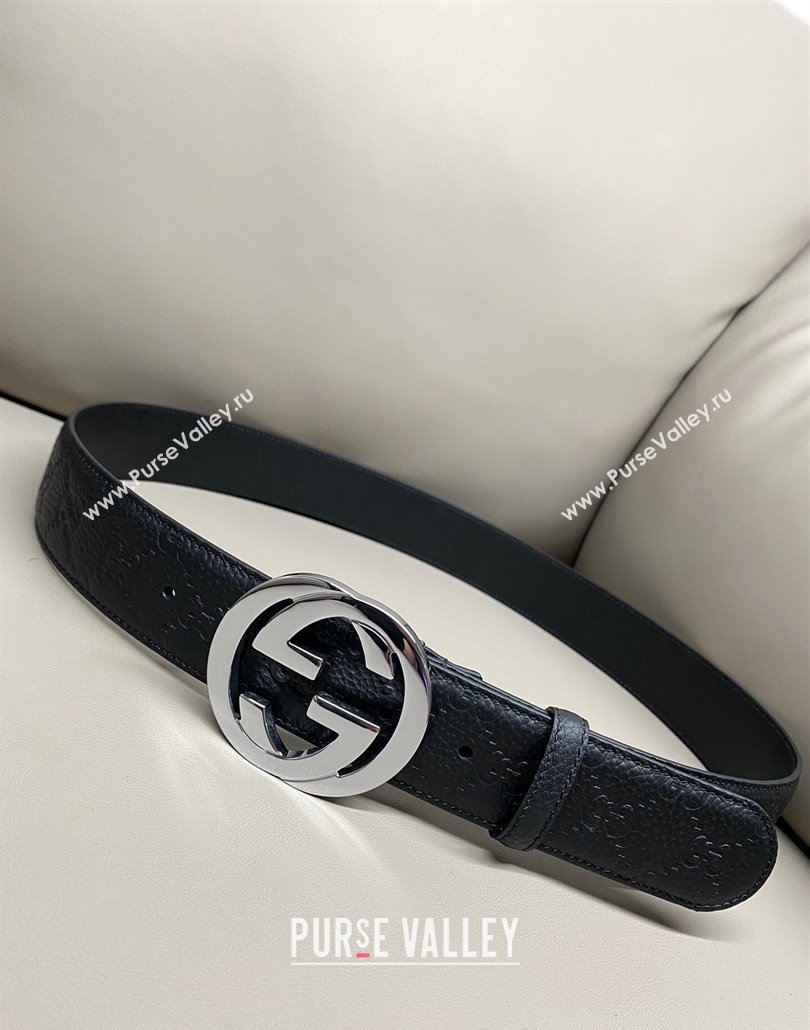 Gucci GG Embossed Grained Leather Belt 4cm with Interlocking G Buckle Black/Silver 2 2025 GG010902 (99-250109155)