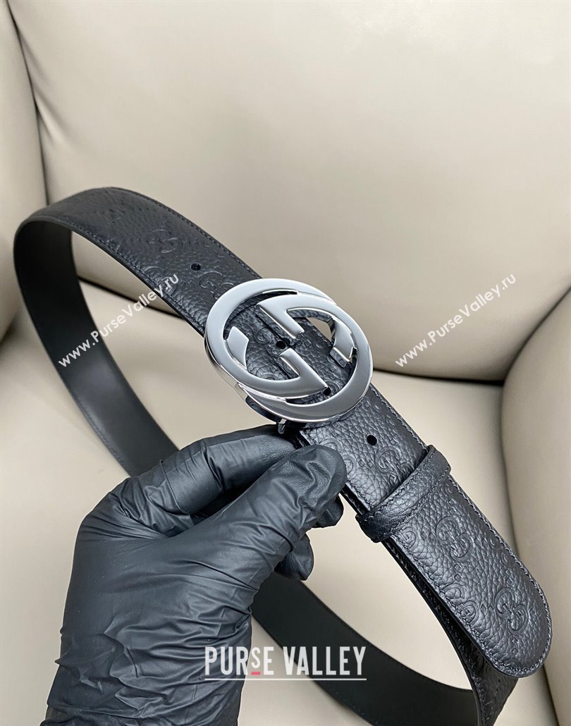 Gucci GG Embossed Grained Leather Belt 4cm with Interlocking G Buckle Black/Silver 2 2025 GG010902 (99-250109155)