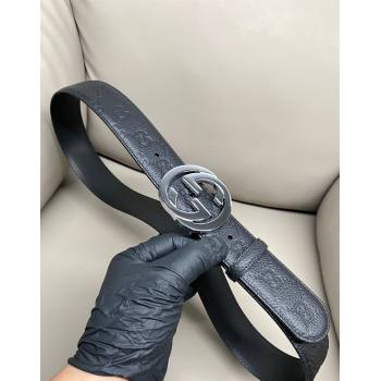 Gucci GG Embossed Grained Leather Belt 4cm with Interlocking G Buckle Black/Silver 2 2025 GG010902 (99-250109155)