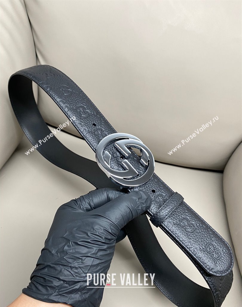 Gucci GG Embossed Grained Leather Belt 4cm with Interlocking G Buckle Black/Silver 2 2025 GG010902 (99-250109155)