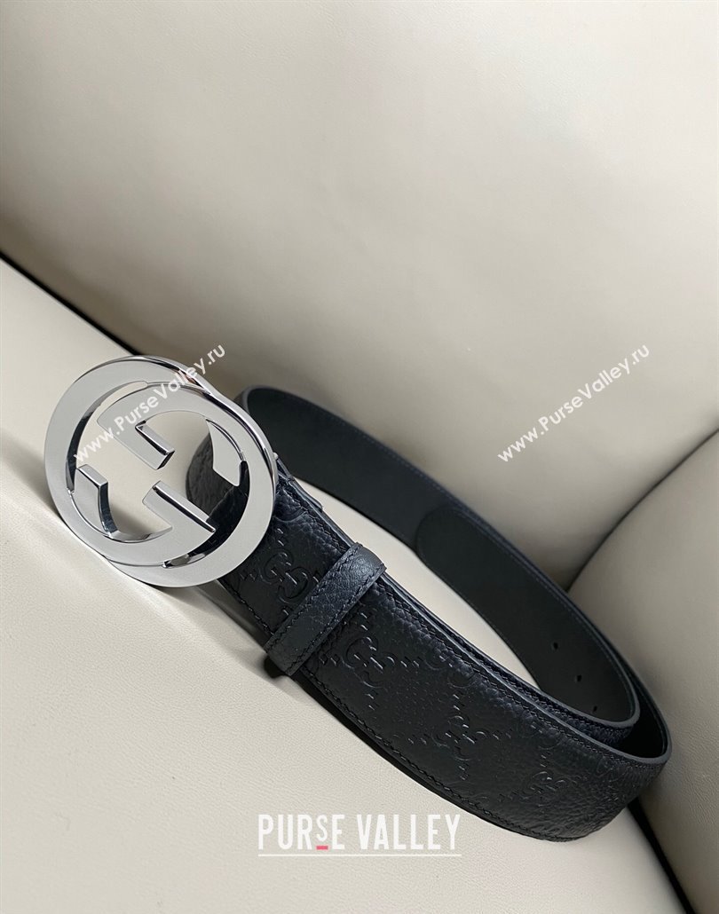 Gucci GG Embossed Grained Leather Belt 4cm with Interlocking G Buckle Black/Silver 2 2025 GG010902 (99-250109155)