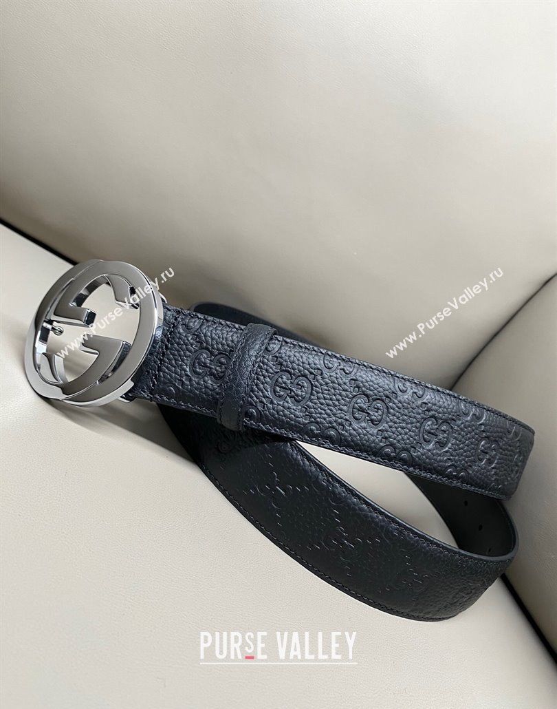 Gucci GG Embossed Grained Leather Belt 4cm with Interlocking G Buckle Black/Silver 2 2025 GG010902 (99-250109155)