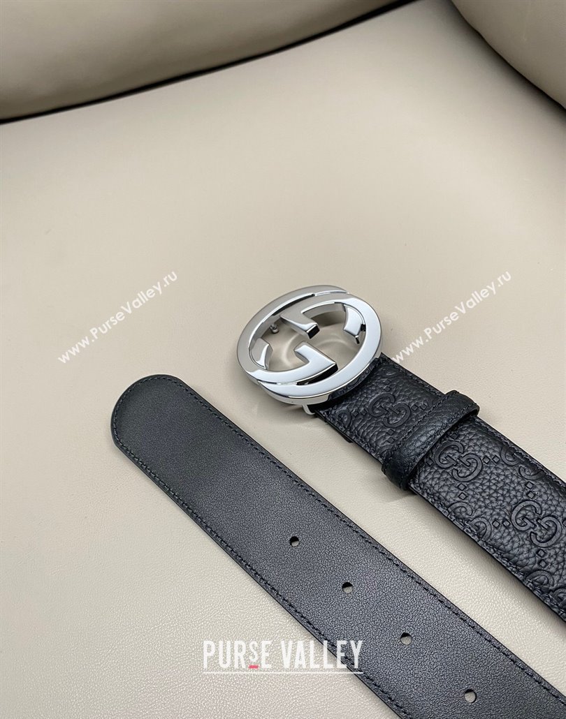 Gucci GG Embossed Grained Leather Belt 4cm with Interlocking G Buckle Black/Silver 2 2025 GG010902 (99-250109155)