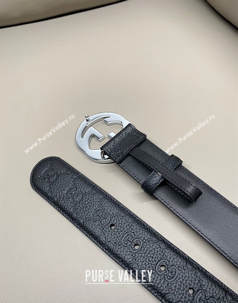 Gucci GG Embossed Grained Leather Belt 4cm with Interlocking G Buckle Black/Silver 2 2025 GG010902 (99-250109155)