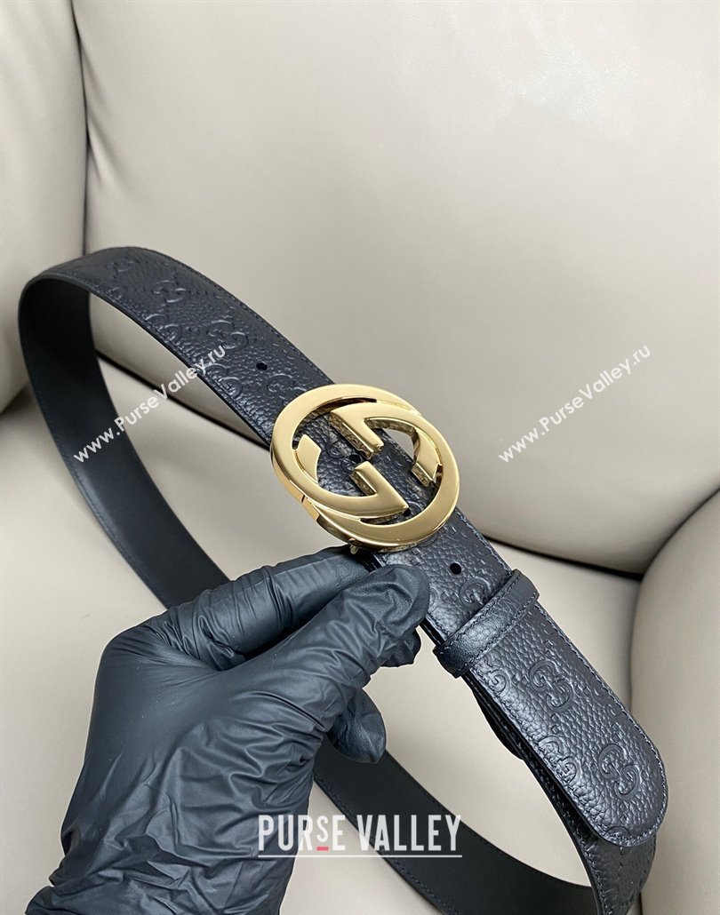 Gucci GG Embossed Grained Leather Belt 4cm with Interlocking G Buckle Black/Gold 2 2025 GG010902 (99-250109156)