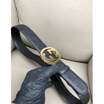 Gucci GG Embossed Grained Leather Belt 4cm with Interlocking G Buckle Black/Gold 2 2025 GG010902 (99-250109156)