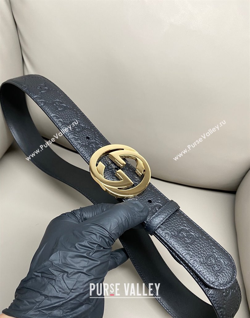 Gucci GG Embossed Grained Leather Belt 4cm with Interlocking G Buckle Black/Gold 2 2025 GG010902 (99-250109156)