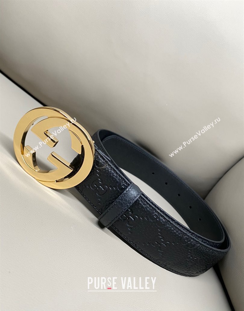 Gucci GG Embossed Grained Leather Belt 4cm with Interlocking G Buckle Black/Gold 2 2025 GG010902 (99-250109156)