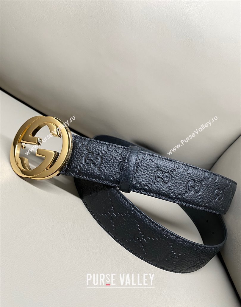 Gucci GG Embossed Grained Leather Belt 4cm with Interlocking G Buckle Black/Gold 2 2025 GG010902 (99-250109156)