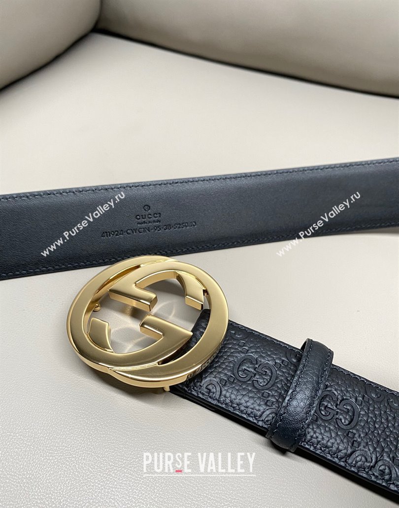 Gucci GG Embossed Grained Leather Belt 4cm with Interlocking G Buckle Black/Gold 2 2025 GG010902 (99-250109156)