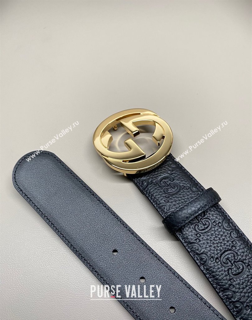 Gucci GG Embossed Grained Leather Belt 4cm with Interlocking G Buckle Black/Gold 2 2025 GG010902 (99-250109156)