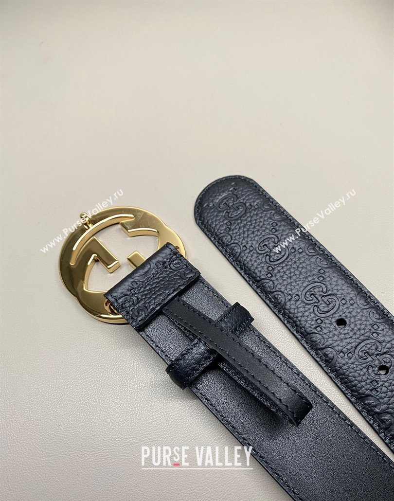 Gucci GG Embossed Grained Leather Belt 4cm with Interlocking G Buckle Black/Gold 2 2025 GG010902 (99-250109156)