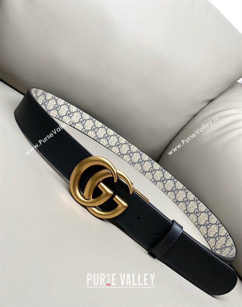 Gucci GG Canvas and Leather Reversible Belt 3.7cm with Aged Gold GG Buckle Blue/Beige/Black 2025 GG010903 (99-250109157)