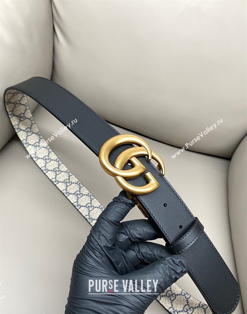 Gucci GG Canvas and Leather Reversible Belt 3.7cm with Aged Gold GG Buckle Blue/Beige/Black 2025 GG010903 (99-250109157)