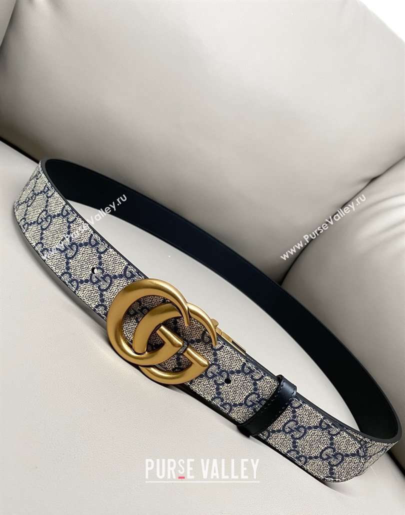 Gucci GG Canvas and Leather Reversible Belt 3.7cm with Aged Gold GG Buckle Blue/Beige/Black 2025 GG010903 (99-250109157)