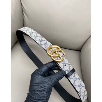 Gucci GG Canvas and Leather Reversible Belt 3.7cm with Aged Gold GG Buckle Blue/Beige/Black 2025 GG010903 (99-250109157)