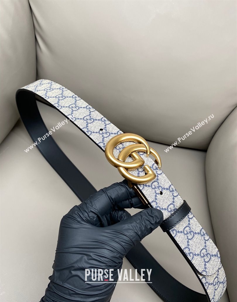 Gucci GG Canvas and Leather Reversible Belt 3.7cm with Aged Gold GG Buckle Blue/Beige/Black 2025 GG010903 (99-250109157)