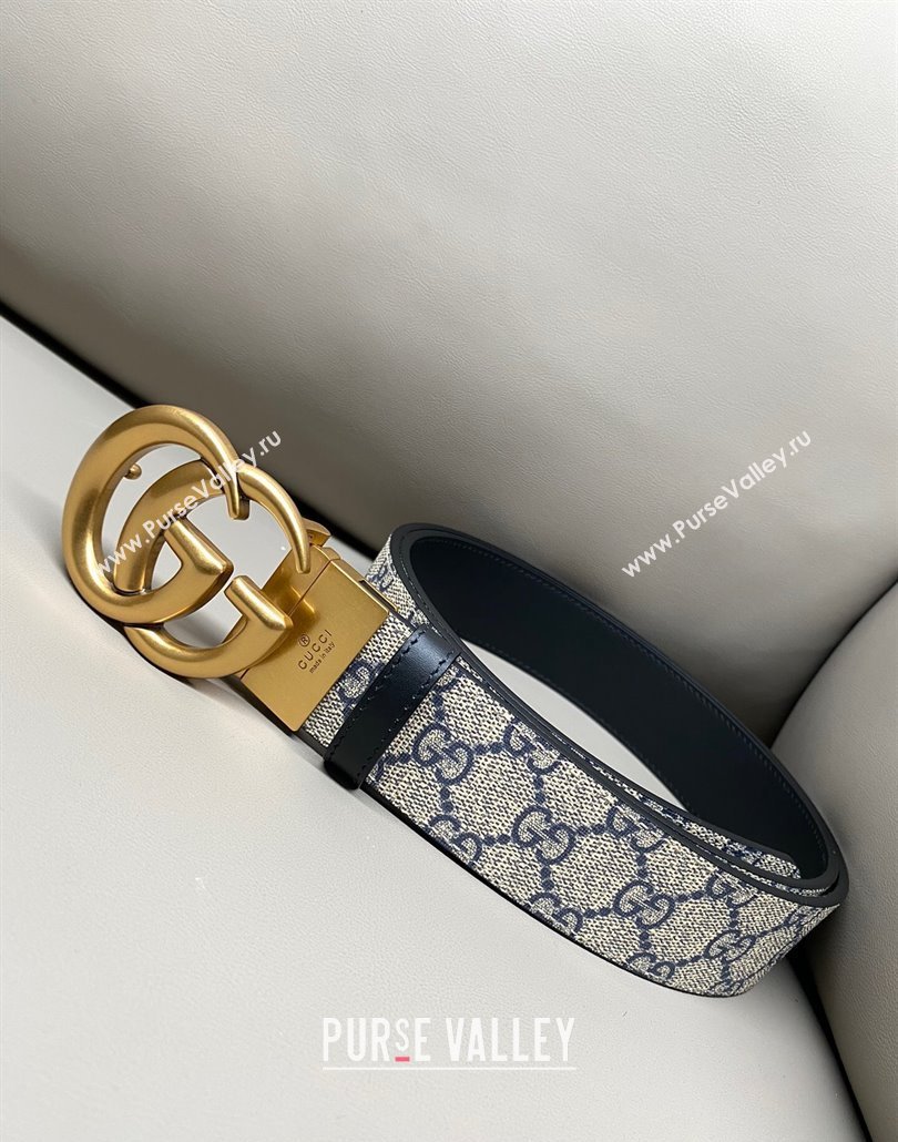 Gucci GG Canvas and Leather Reversible Belt 3.7cm with Aged Gold GG Buckle Blue/Beige/Black 2025 GG010903 (99-250109157)