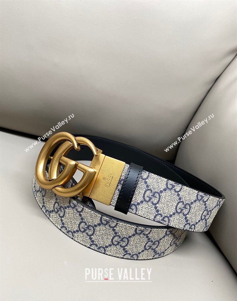 Gucci GG Canvas and Leather Reversible Belt 3.7cm with Aged Gold GG Buckle Blue/Beige/Black 2025 GG010903 (99-250109157)