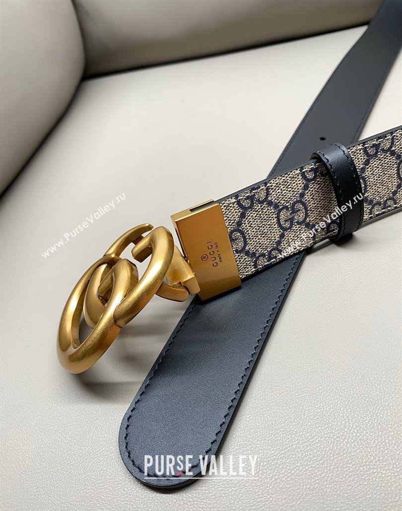 Gucci GG Canvas and Leather Reversible Belt 3.7cm with Aged Gold GG Buckle Blue/Beige/Black 2025 GG010903 (99-250109157)