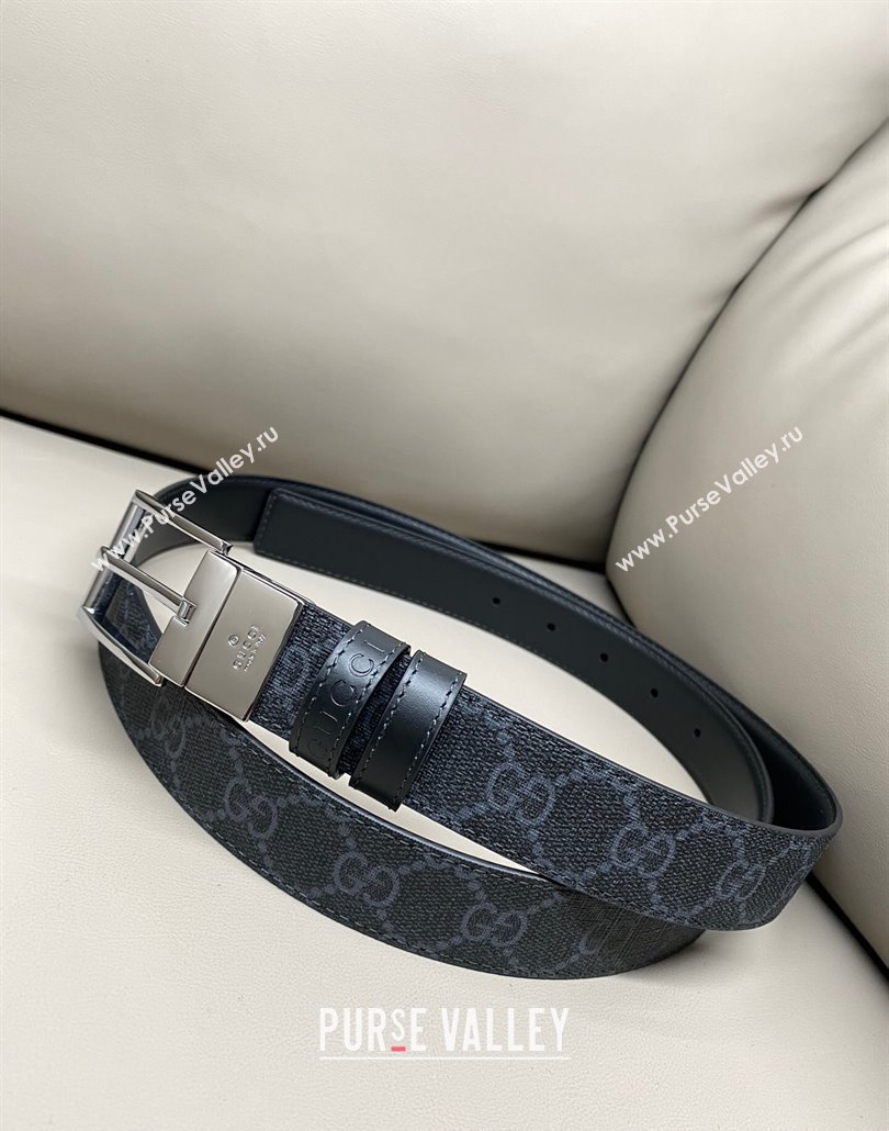 Gucci GG Canvas and Leather Reversible Belt 3cm with Pink Buckle Black 2025 GG011001 (99-240110001)