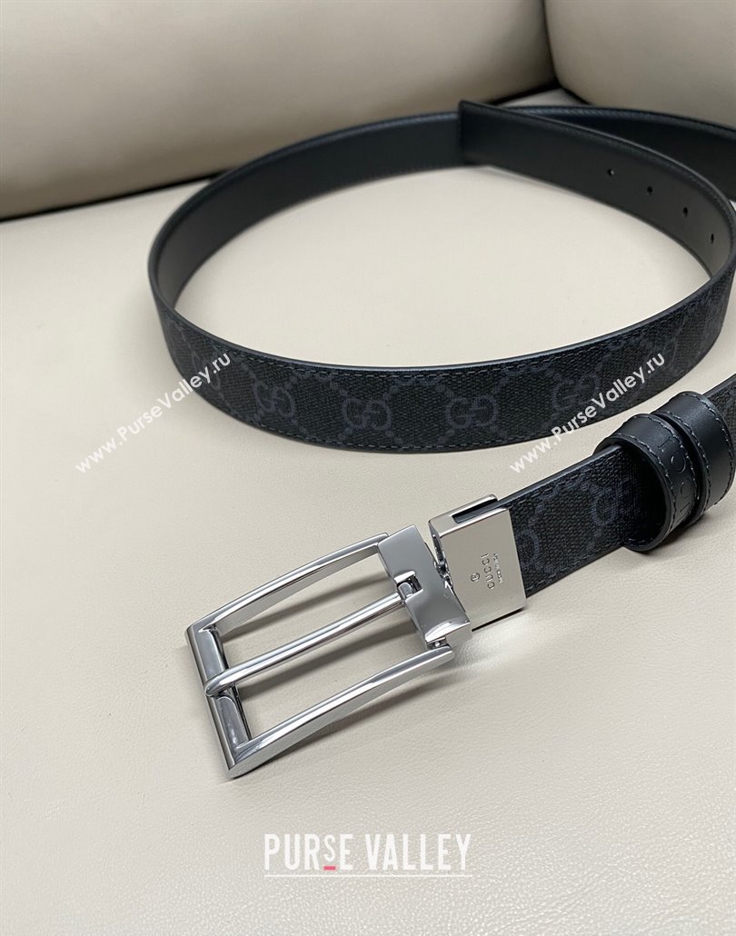 Gucci GG Canvas and Leather Reversible Belt 3cm with Pink Buckle Black 2025 GG011001 (99-240110001)