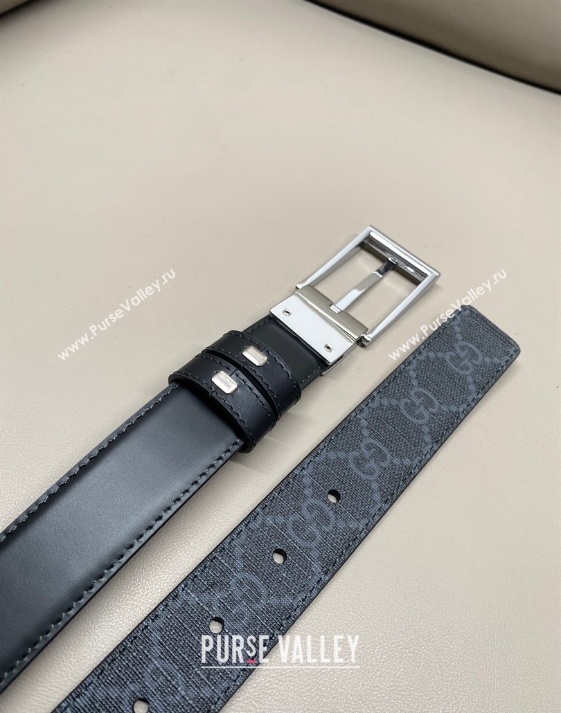 Gucci GG Canvas and Leather Reversible Belt 3cm with Pink Buckle Black 2025 GG011001 (99-240110001)