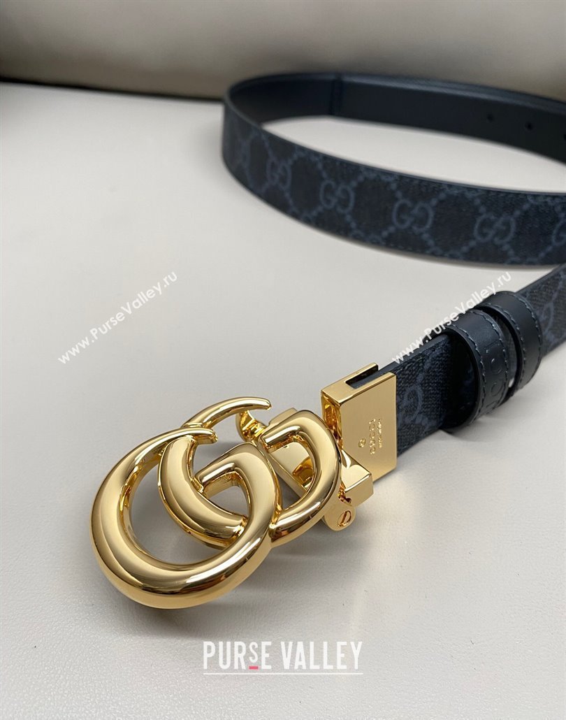 Gucci GG Canvas and Leather Reversible Belt 3cm with GG Buckle Black 2025 GG011001 (99-240110005)