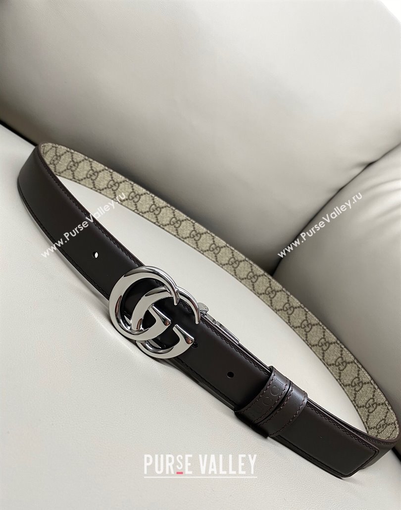 Gucci GG Canvas and Leather Reversible Belt 3cm with GG Buckle Brown 2025 GG011001 (99-240110006)