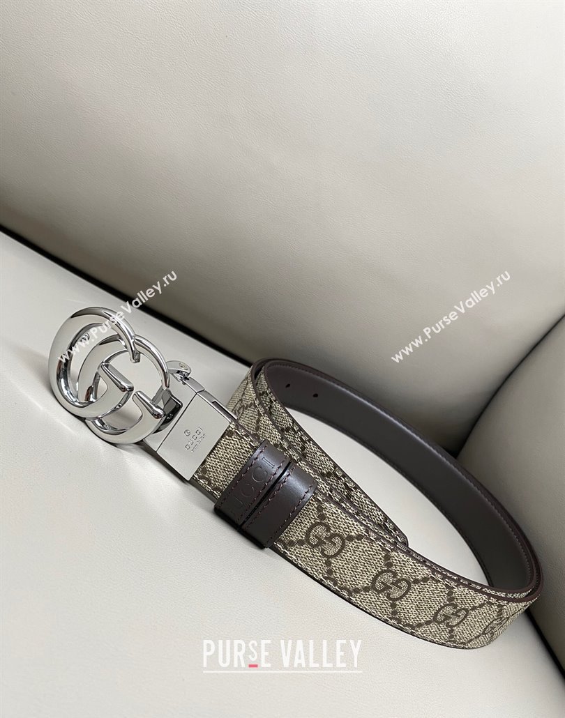 Gucci GG Canvas and Leather Reversible Belt 3cm with GG Buckle Brown 2025 GG011001 (99-240110006)