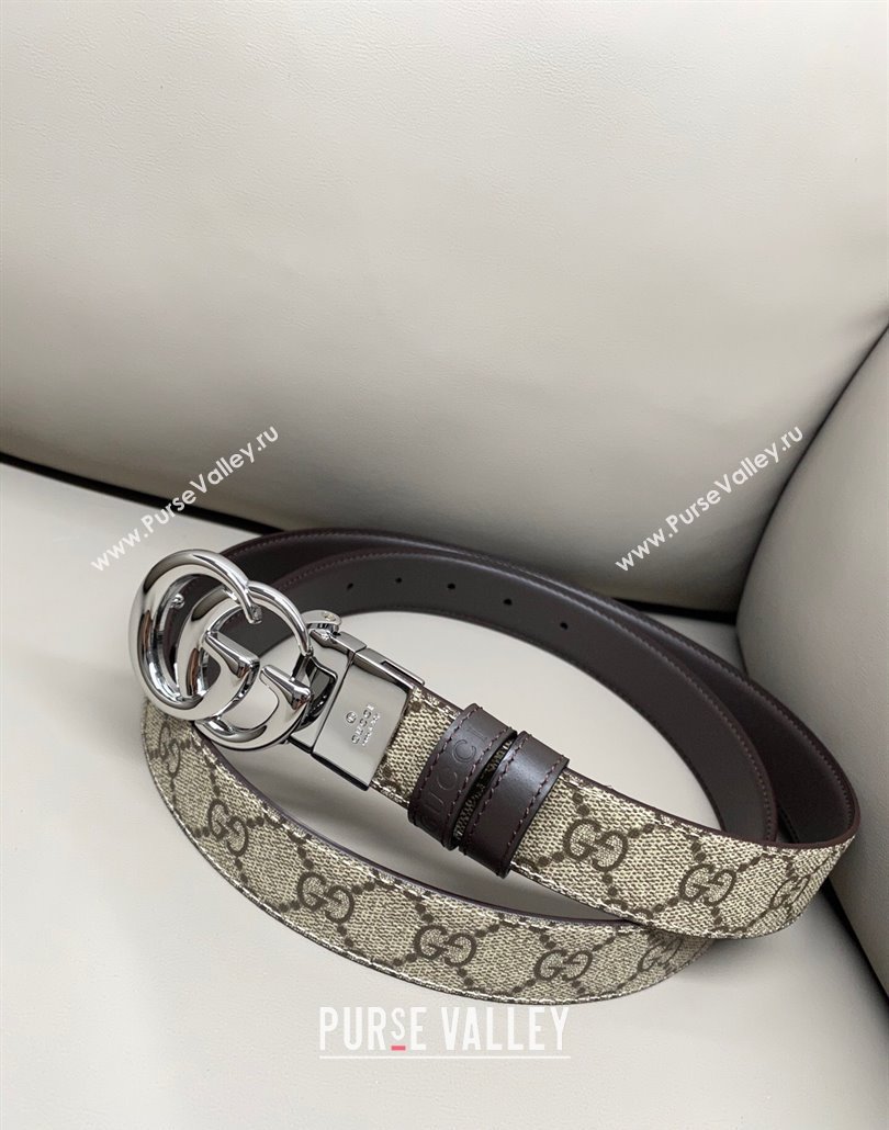 Gucci GG Canvas and Leather Reversible Belt 3cm with GG Buckle Brown 2025 GG011001 (99-240110006)