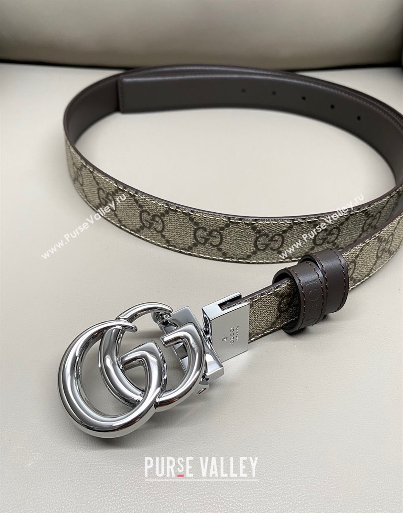 Gucci GG Canvas and Leather Reversible Belt 3cm with GG Buckle Brown 2025 GG011001 (99-240110006)