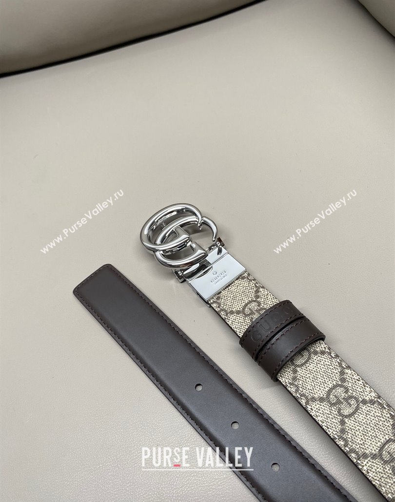 Gucci GG Canvas and Leather Reversible Belt 3cm with GG Buckle Brown 2025 GG011001 (99-240110006)