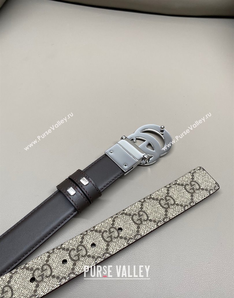 Gucci GG Canvas and Leather Reversible Belt 3cm with GG Buckle Brown 2025 GG011001 (99-240110006)